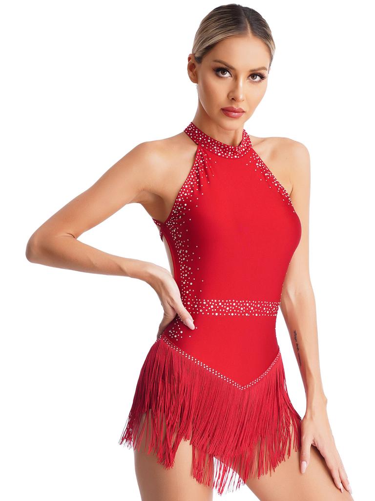 Женский танцевальный костюм для латинского танго, сальсы, танцевальный купальник с кисточками, танцевальная одежда без рукавов с лямкой на шее, боди с открытой спиной и бахромой