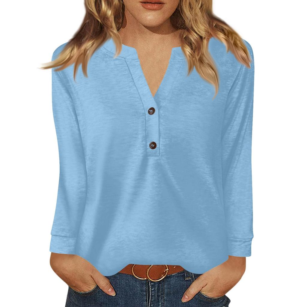 Women's T Shirt Solid Color Button Long Sleeve Daily Weekend Fashion Basic V- Neck Regular Top