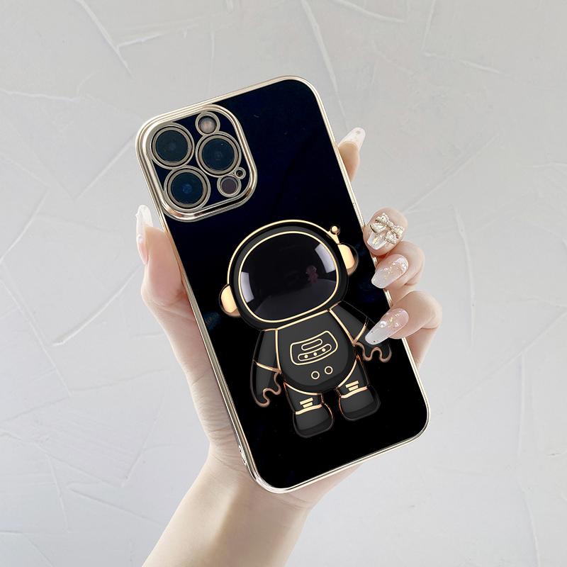 Suitable for iPhone Samsung Huawei Honor Infinix OnePlus OPPO Realme Xiaomi Redmi Vivo Cartoon Astronaut Folding Bracket Soft Plating TPU Phone Case