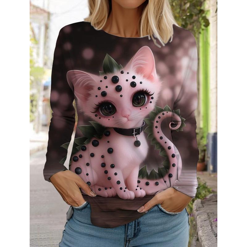 Autumn and Winter Women's Long Sleeve 3D Printed Kitten Cute Print T-Shirt Women's Streetwear Round Neck Long Sleeve