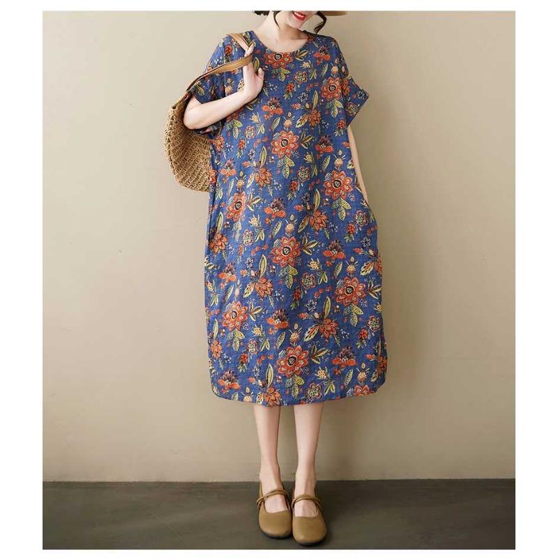 Летнее тонкое хлопково-льняное ретро платье средней длины с женственным темпераментом