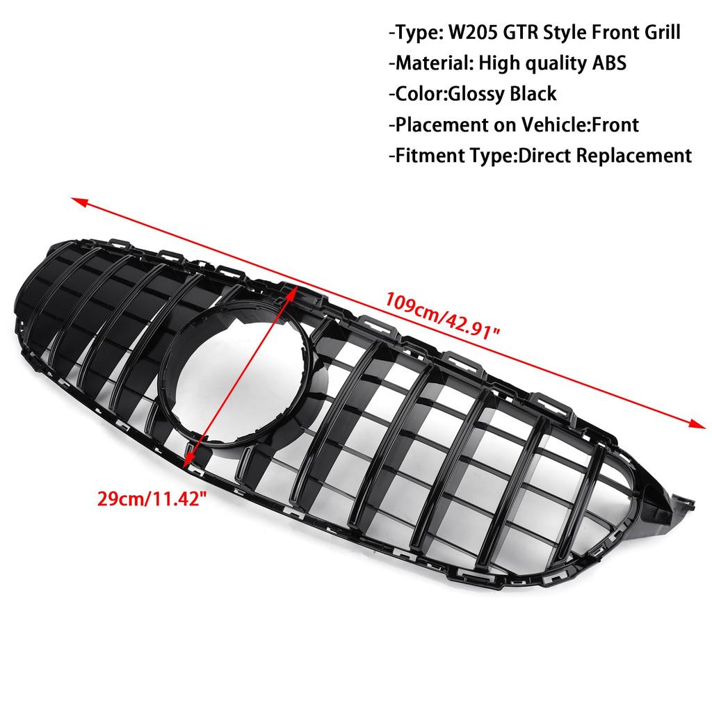 GTR Style Front Bumper Grill Grille fit Mercedes W205 C250 C300 C43 2015-2018