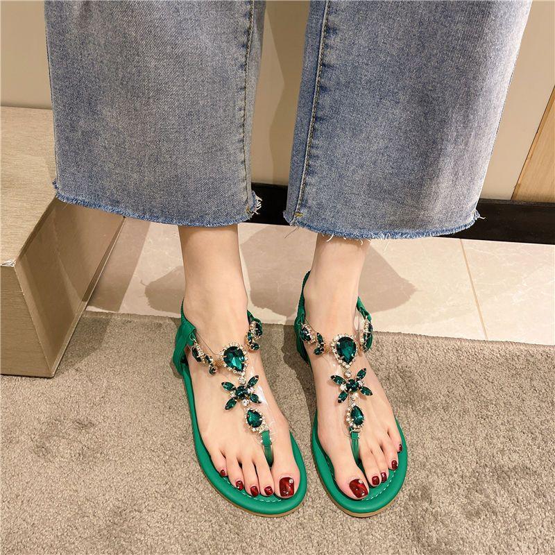 Fashion Summer 2024 Flat Rubber Sandals for Woman Women's Shoes No Heel Crystal Diamond Footwear Rhinestones Green Korea Sandal Designer