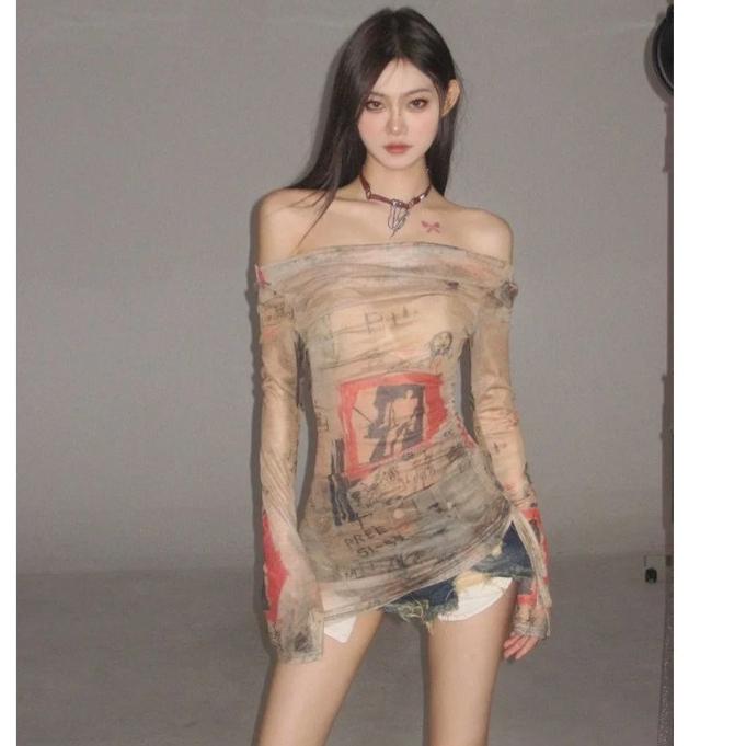 Винтажные уличные футболки женские американские ретро-футболки в стиле Харадзюку с нестандартным принтом на одно плечо футболки топы летние