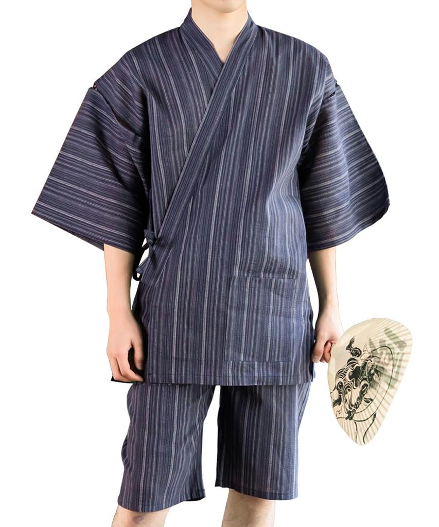 Kyoto Kimonomachi Original Navy and White Striped Cotton and Size Day Plus Sizes [KIMONOMACHI] Men's Jinbei, Linen, Small, Father's Gift, Loungewear,