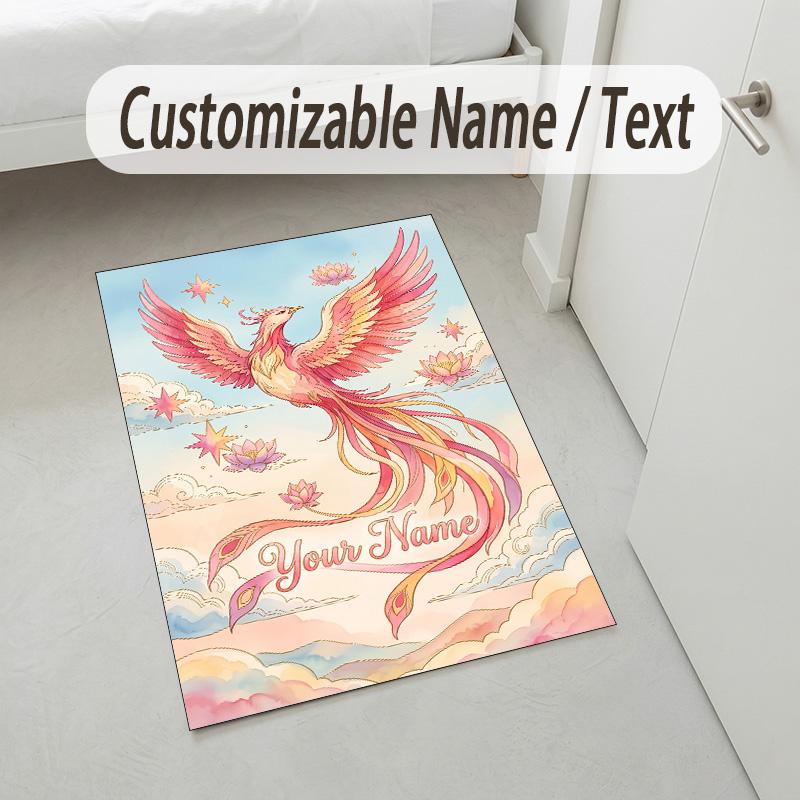 Dragon Phoenix Theme Crystal Velvet Rug Personalized Custom Name Text Soft Floor Mat Home Decor