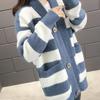 V-Neck Color Block Striped Cardigan - Soft Micro Elastic Polyamide Knit Fabric, Elegant Long Sleeve Outwear for Women, Perfect for Winter, Spring Fall