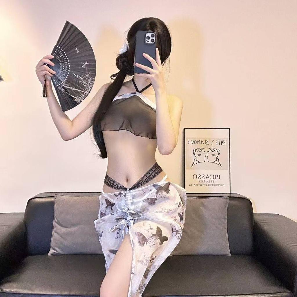 Сексуальное нижнее белье новый набор ночной сорочки с принтом бабочки китайской тушью и карманом на животе, сексуальное чистое желание, перспектива соблазна