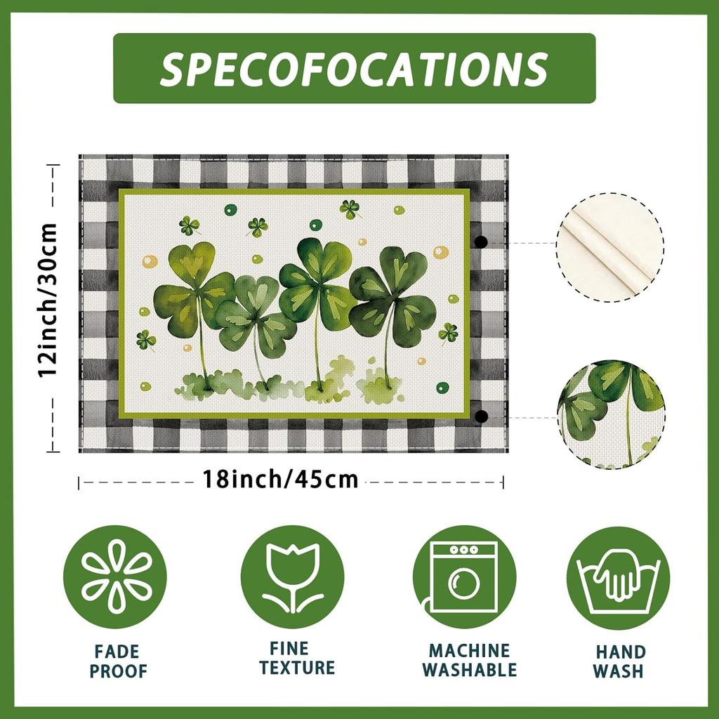 Watercolor Plaid Green Shamrocks Clovers St. Patrick's Day Placemats Set of 4 Table Mats for Party Home Kitchen Dining Table Decorations 12x18 Inch