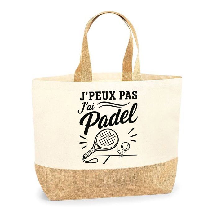 Sac J’peux pas j’ai Padel J'peux pas minimaliste | Cabas en Coton avec Fond Jute 18 L 48 × 37 × 13 cm | Marché Shopping Plage