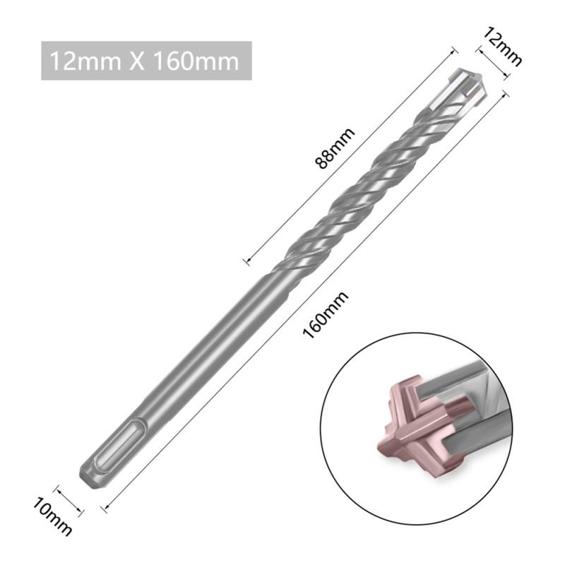 5 Pcs Electric Hammer Cross Impact Drill Bit Set 2-slot Round Shank Cross Tips For Concrete Wall