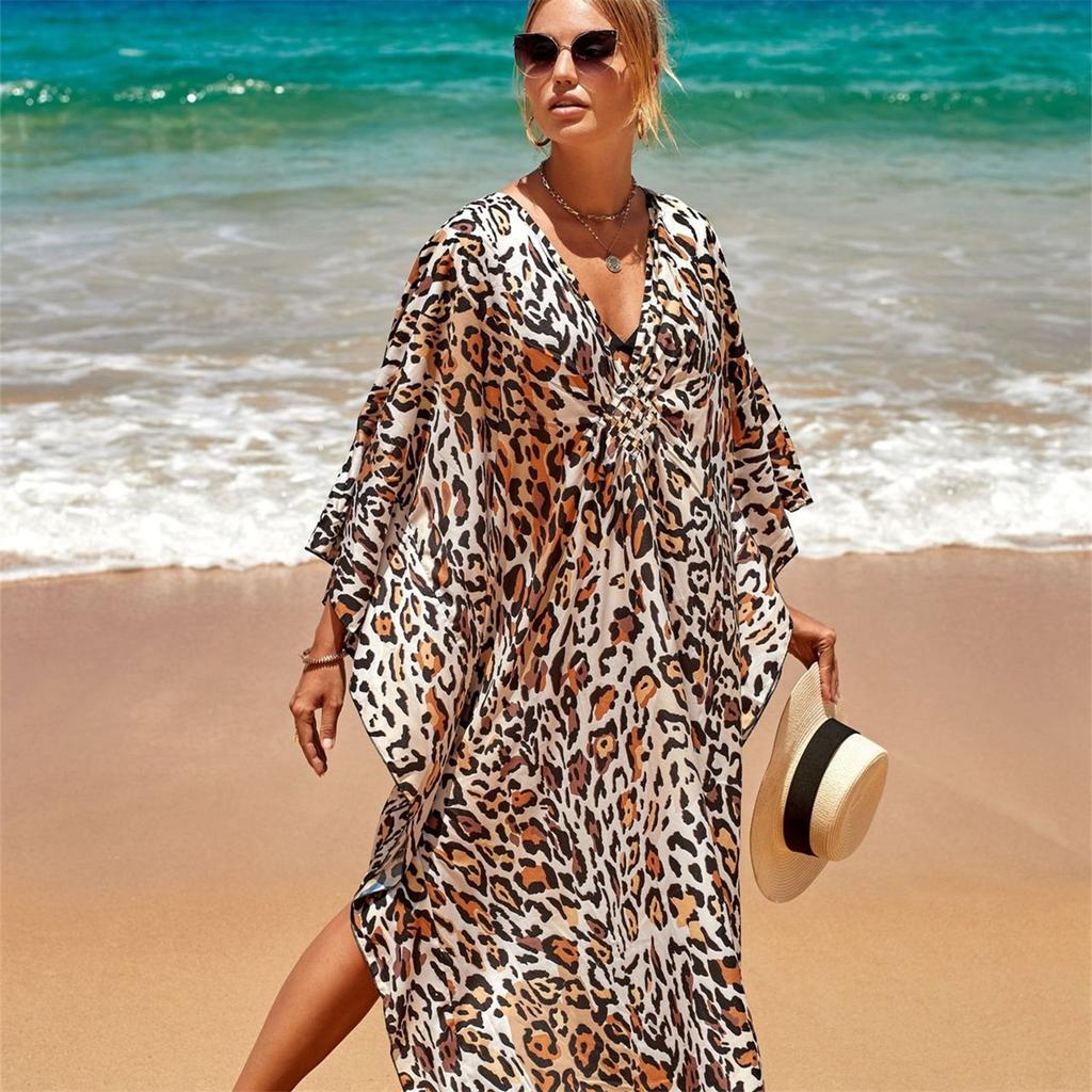 YYFS Women's Fashion Vacation Summer Spring Leopard Print Long Sleeve V-Neck Casual Dresses