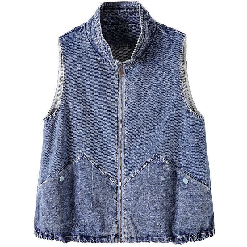 Джинсовый жилет в западном стиле для женских весенних и осенних стилей, свободный воротник-стойка, короткий жилет-бретелька для женской верхней одежды, модный