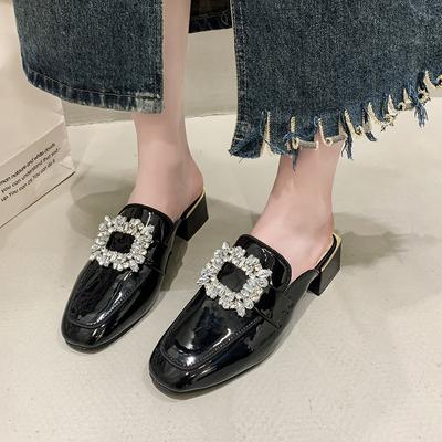 Мода 2024 года, новые женские модные тапочки с квадратным каблуком и металлическим носком, украшенные стразами