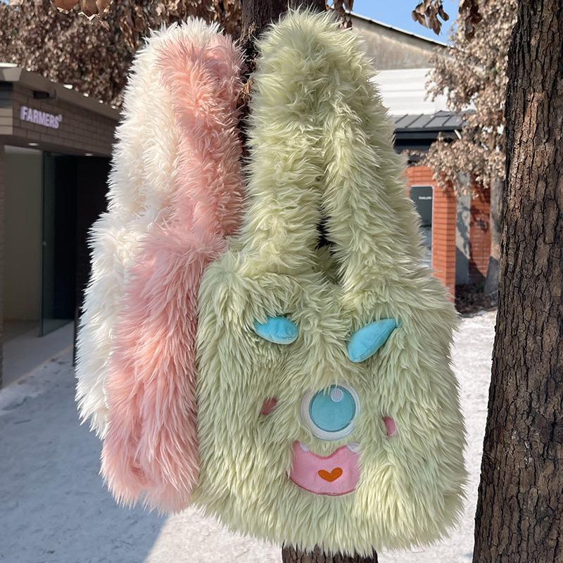 Cute Little Monster Cartoon Plush Purse Large Capacity Female Student Oneshoulder Bag Tote Bag Autumn and Winter