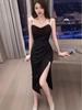 2024 Summer Korean Hepburn Black Sequin Slit Midi Slim Fit Suspender Dress
