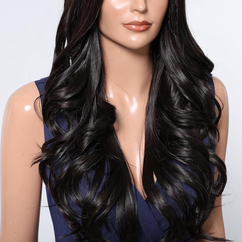 CharmSource Hairline Lace Synthetic Wigs Black Long Wavy Ladies Wig for Women's Cosplay High Density Heat Resistant Fiber