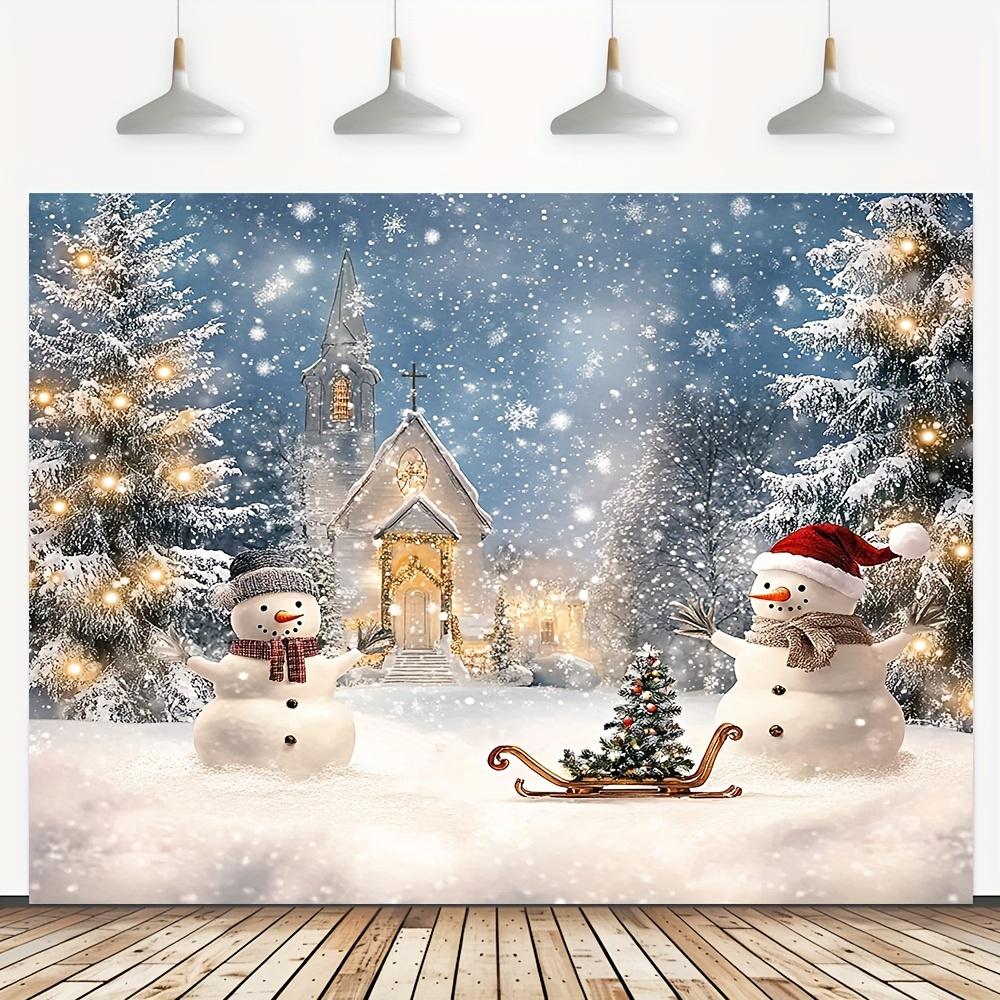 1 piece, festive snowman and Christmas tree banner - white background, animated snowflake scene, outdoor Christmas decor