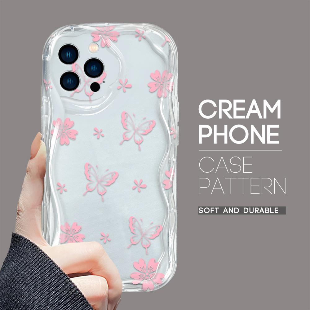 For iPhone 16 15 14 13 12 Samsung S24 S23 S22 A06 A13 A14 A15 A16 A55 Redmi Note 13 12 Cartoon Pink Butterfly Soft Wavy Edge Design Phone Casing
