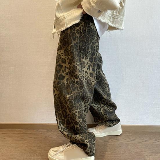 Men Pants Loose Deep Crotch Retro Hip Hop Leopard Print Soft Breathable Pockets Mid Waist Full Length Stretwear Long Trousers