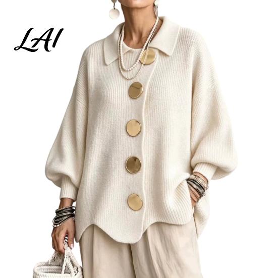 Lantern Sleeve Sweater Women Oversized Knit Top with Collared Cardigan Sweater Large Metal Buttons Loose Casual for Spring Autumn Everyday Apparel