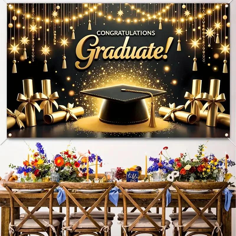 2025 Happy Graduation Backdrop Glitter Balloon Bachelor Cap Grad Class of Graduates Party Photography Background Decor Supplies