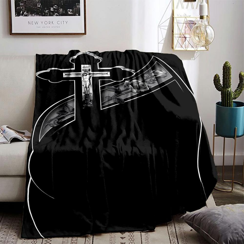 Christian Cross and Floral Design Flannel blanket for bedroom, living room, sofa, and nap