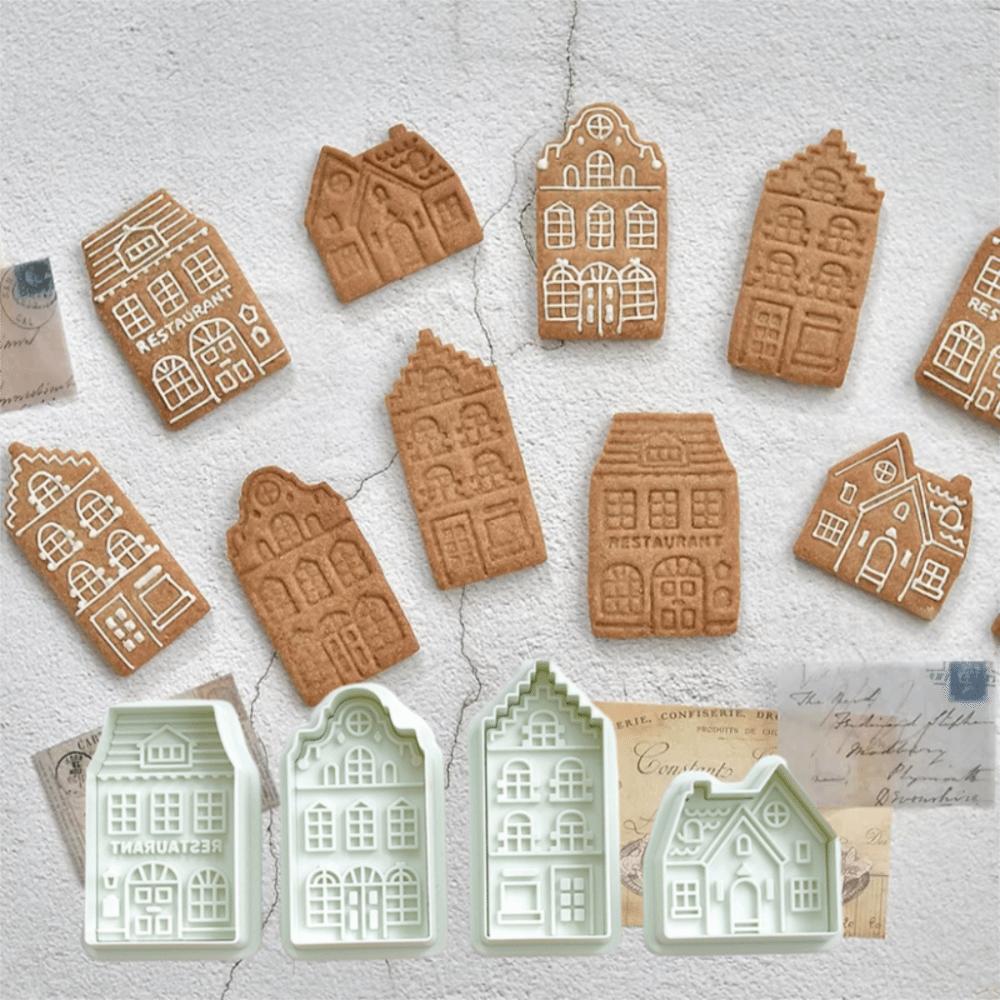 4 Piece 3D Embossed Christmas Gingerbread House Cookie Cutter Easy De-molding Spring Press Design Cookie Mold Green Plastic