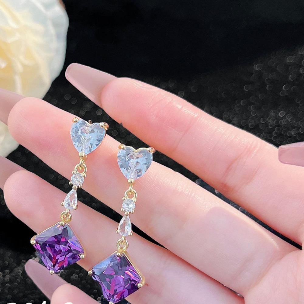 BELLA BOX Exquisite Geometric Square Tassel Heart-shaped Zircon Drop Earrings Suitable For Women's Wedding Party Fashion Jewelry