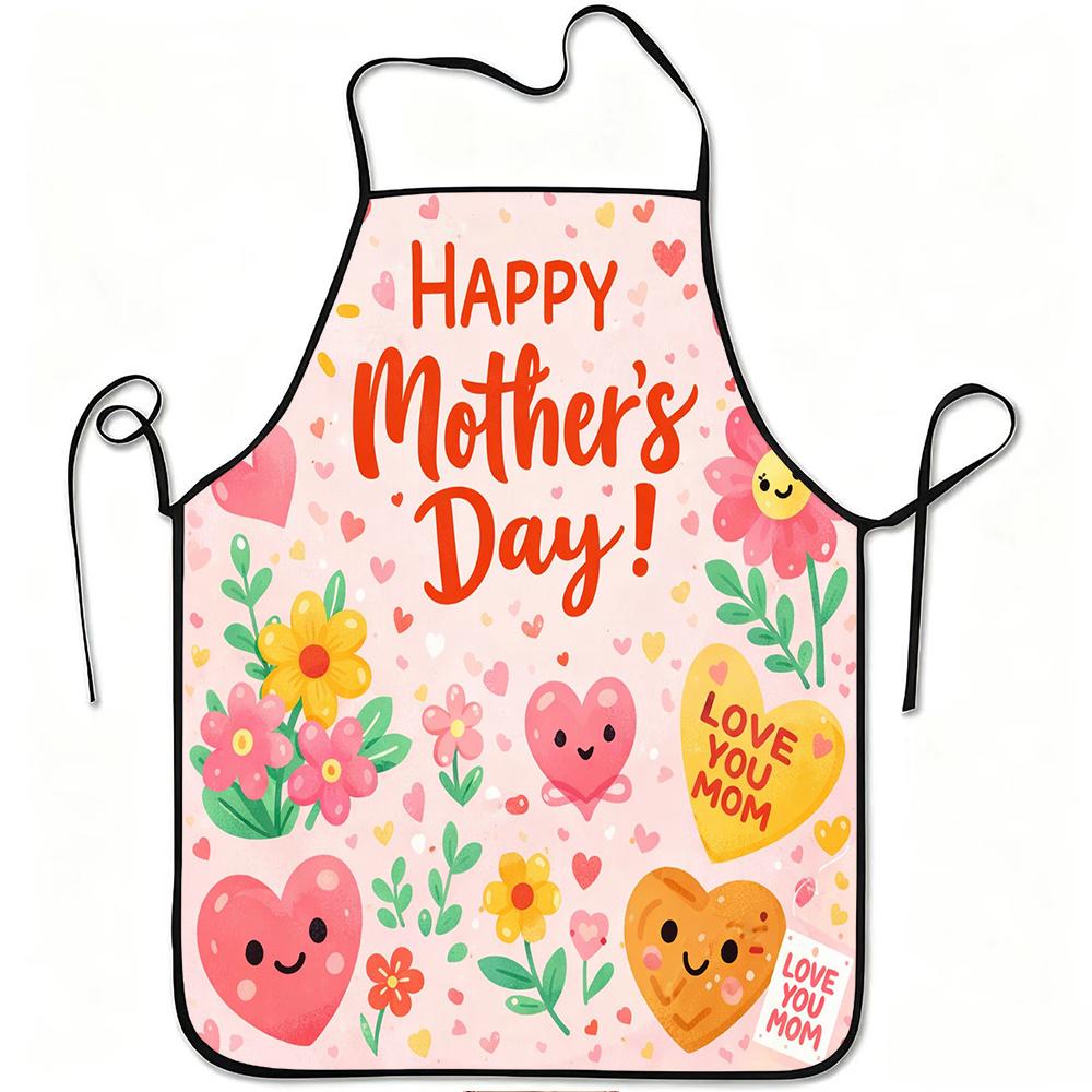 1pc Happy Mothers Day Floral Heart Print Apron, Durable and Easy to Clean, Adjustable Waistband, Polyester Material, for Kitchen Cooking, Gardening, O