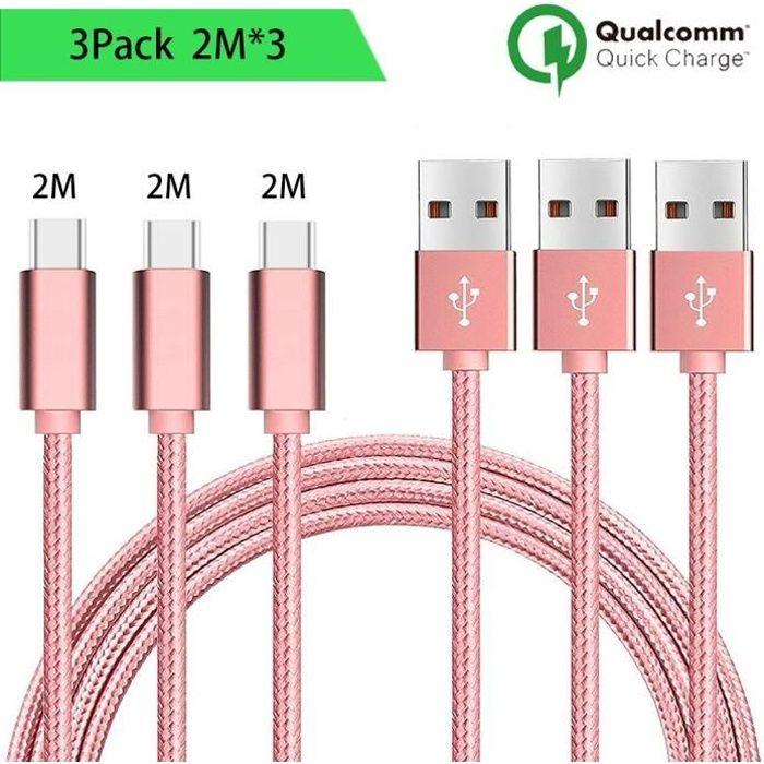 Câble USB Type C - E.F.CONNECTION - pour Samsung Galaxy S8 S8Plus S9 S9Plus S10 - 2M - Nylon Rose