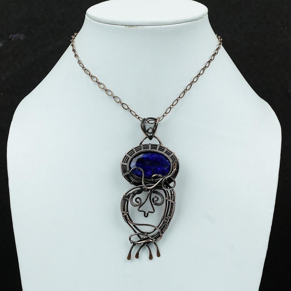 Faceted Blue Sapphire Pendant Copper Wire Wrapped Pendant Gemstone Pendant Handmade Copper Jewelry Designer Pendant Antique Jewelry For Gift