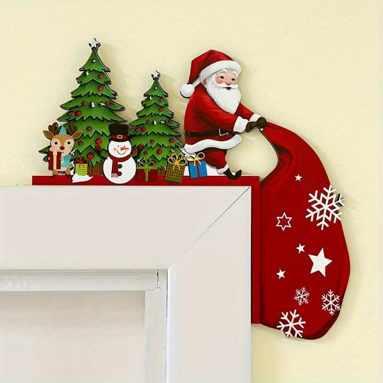 Wooden Christmas Door Topper Cute Santa Claus Door Corner Frame Sign for Holiday Home Wall Cabinet Shelf Decor