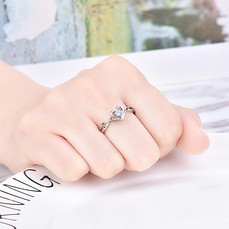 Fashion Ladies Crystal Love Heart Adjustable Open Rings Jewelry