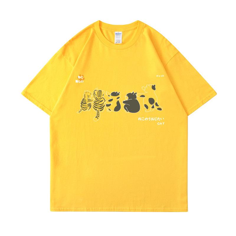 Рубашка с коротким рукавом, мужская, с рисунком кошки, летние, свободные и универсальные, студенческие футболки