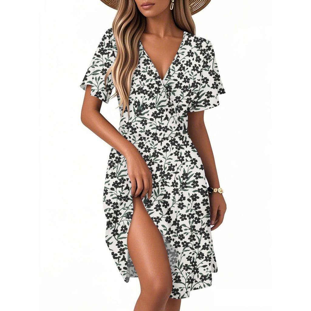 Женское повседневное модное платье с винтажным цветочным принтом и коротким рукавом и V-образным вырезом