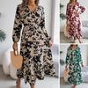 Lady Spring Fall Dress V Neck Floral Print Long Sleeves High Tight Waist