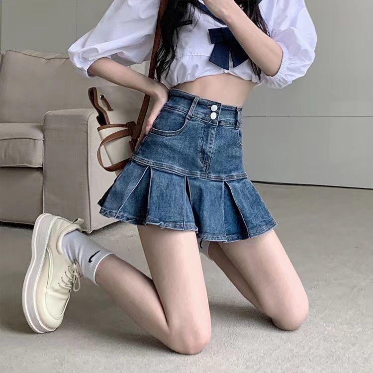 High-Waist Pleated Denim Skirt: 2023 Spring/Summer Slim A-Line Short Skirt for Women