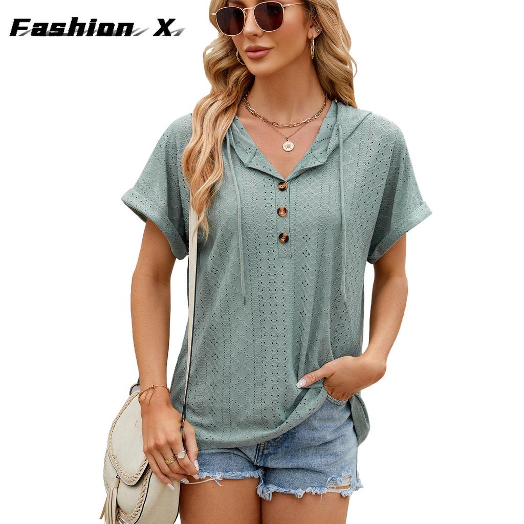 2024 весна и лето, новая однотонная свободная футболка с короткими рукавами и пуговицами, топ для женщин