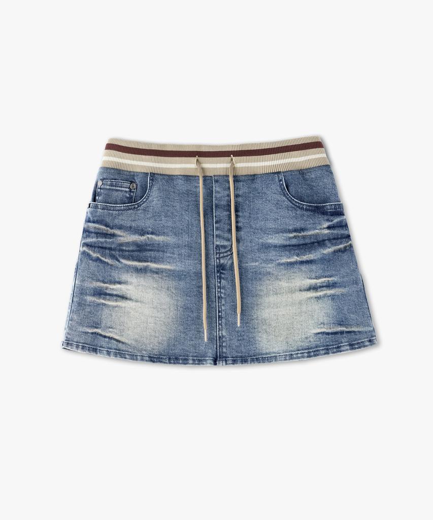 Mongdol Rib Banded Washed Denim Mini Skirt Light Blue Mdsk037Lblue