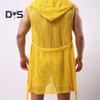 Men Sexy Hooded Nightgown Sleeveless Solid Color Hollow Out Mesh Summer Loungewear Lace-up Night Robe Homewear
