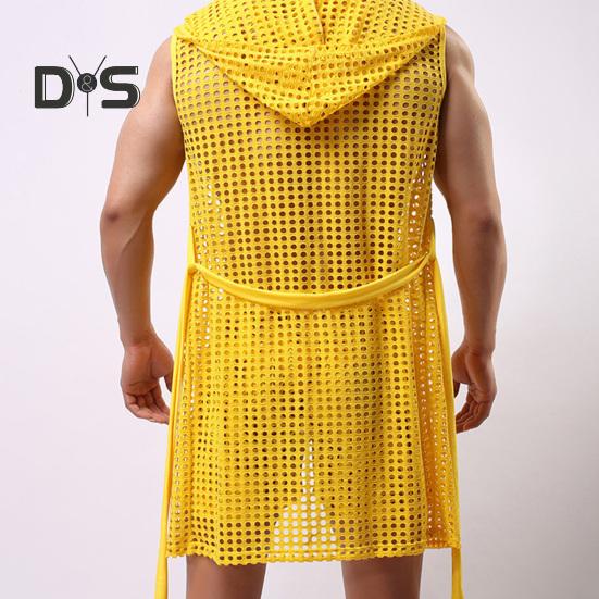 Men Sexy Hooded Nightgown Sleeveless Solid Color Hollow Out Mesh Summer Loungewear Lace-up Night Robe Homewear