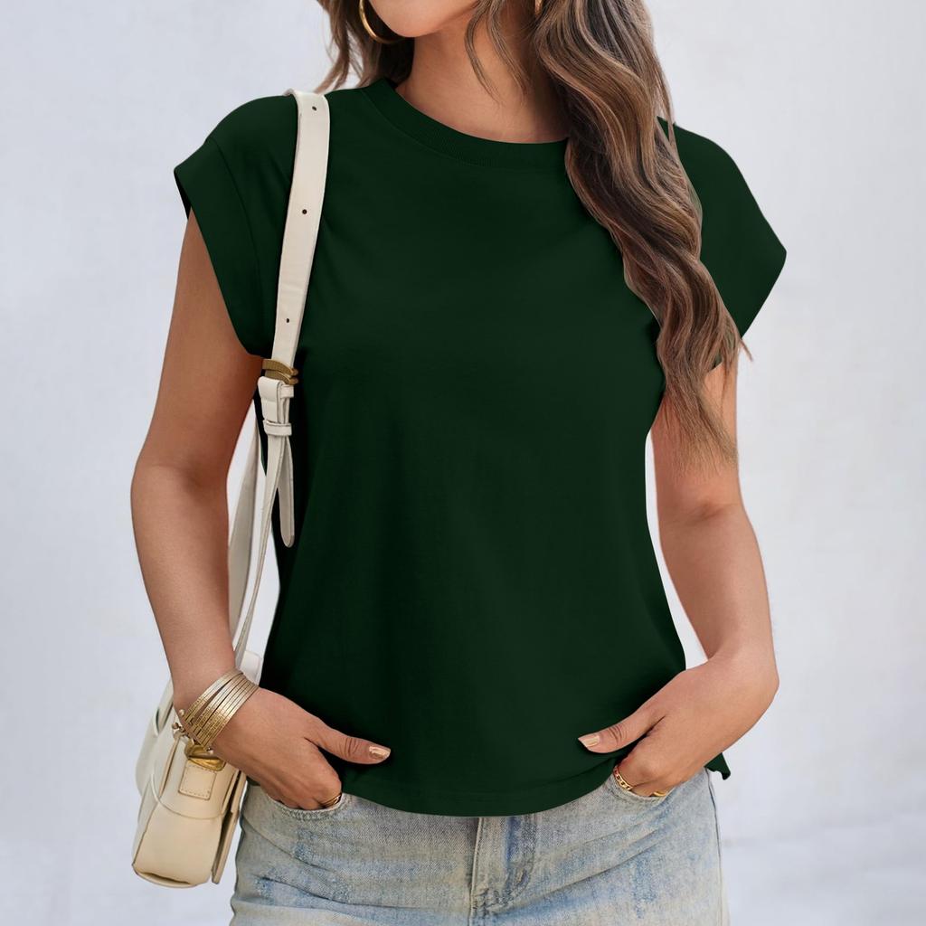 Women's Fashion Casual Slim Fit Waist Cap Sleeve Round Neck T-Shirt Top