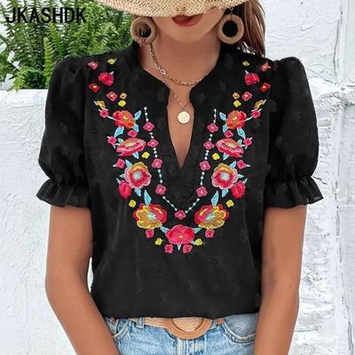 Женские модные повседневные летние весенние блузки и рубашки с цветочным узором и коротким рукавом с v-образным вырезом