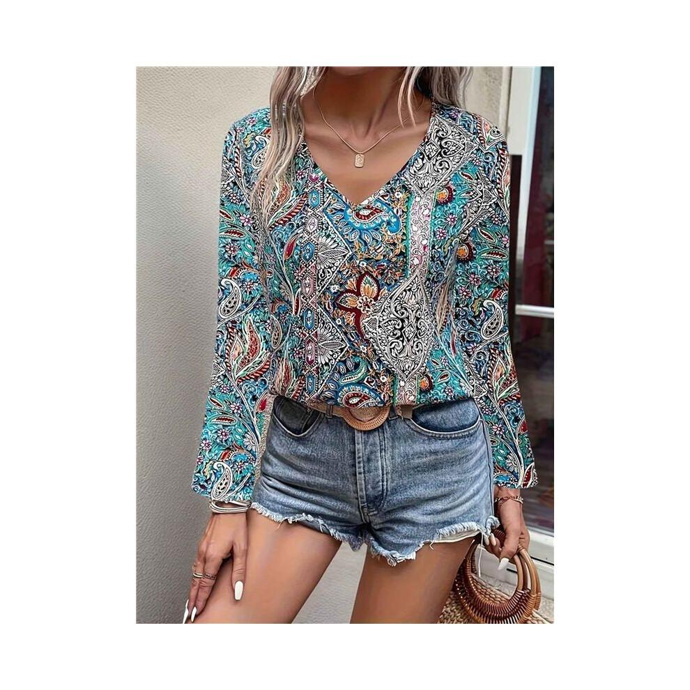 Women'S Bohemian Print V-Neck Long Sleeve Casual Blouses Shirts 1-Mixed Colors XXL