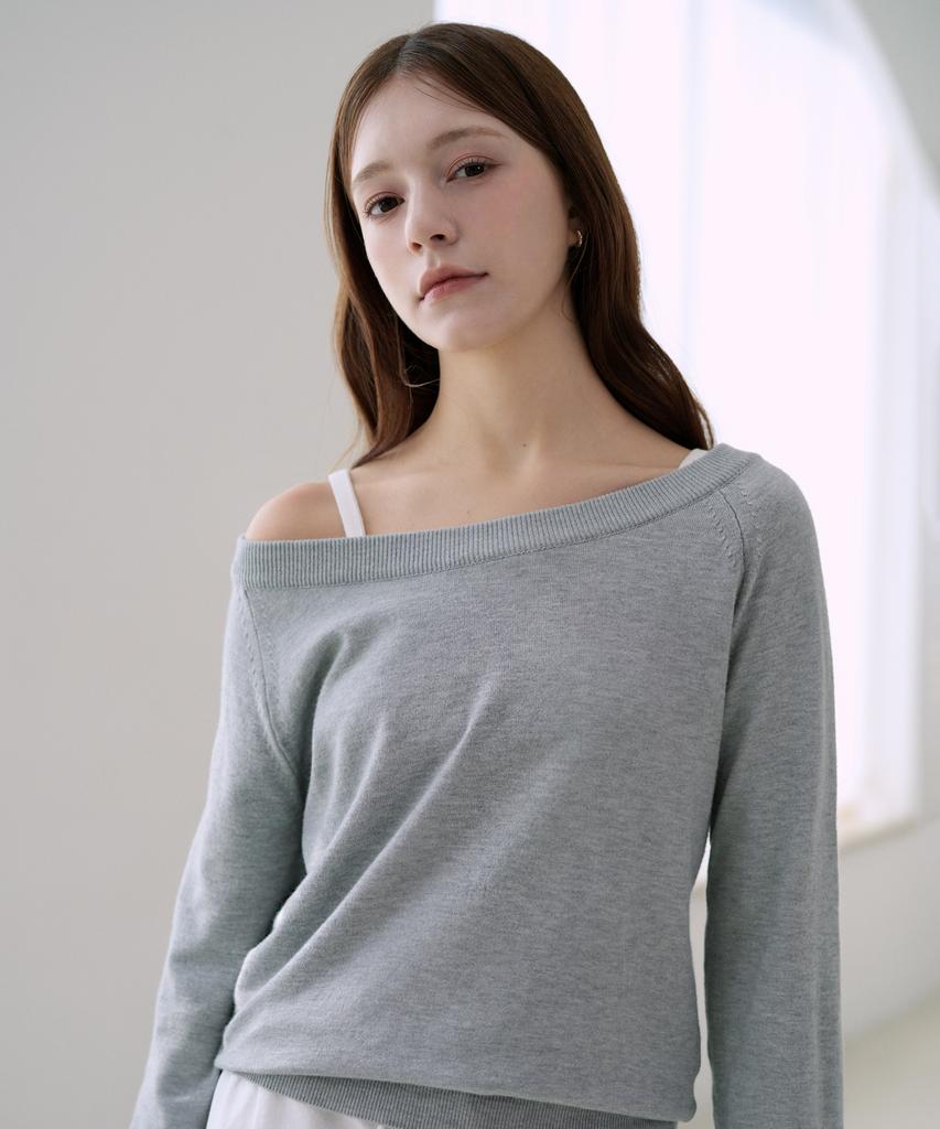 VLETI Boat Neck Raglan Loose-Fit Plain Knit (Gray)