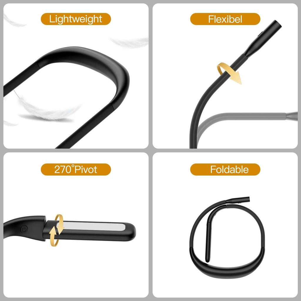 Светильник для чтения на шее, светильник для чтения на кровати, 3 цвета, плавная регулировка яркости