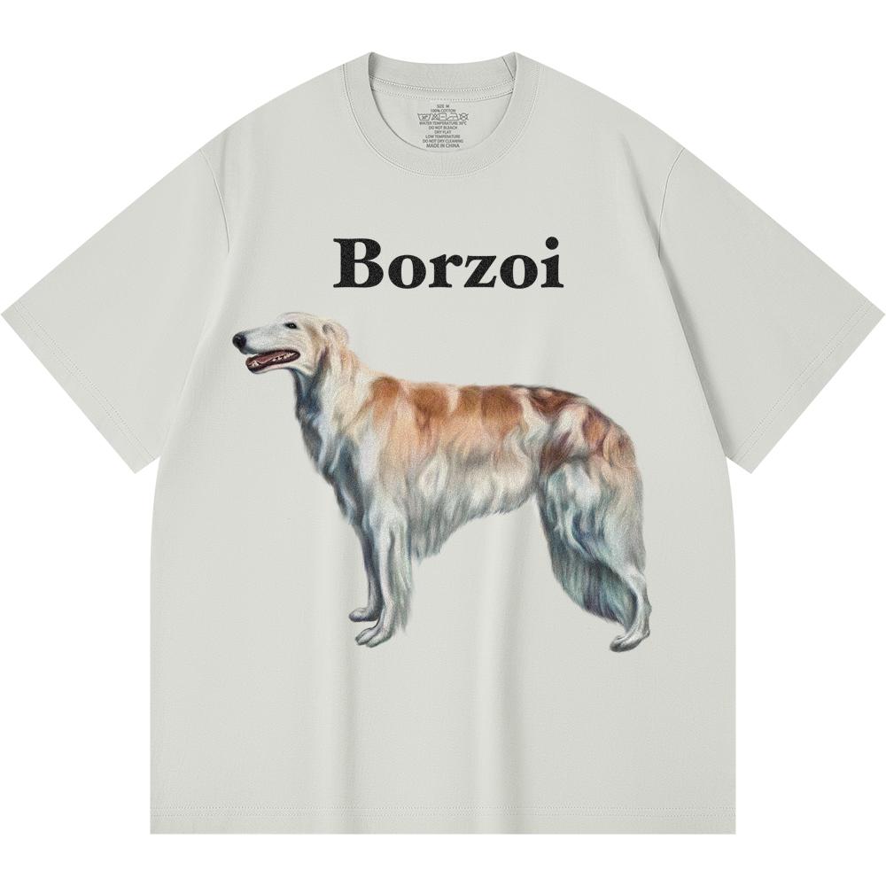 230GSM 100% Cotton T-Shirt Borzoi Print Tees Funny Harajuku Style Combed Cotton Tshirt