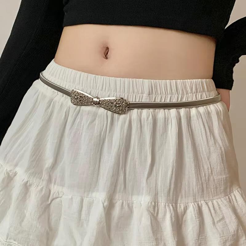Fashion Metal Hollow Out Carved Bow Women Belts Elastic Skinny Thin Dress Belt Women Ladies Gold Sliver Decor Waist Chain Straps