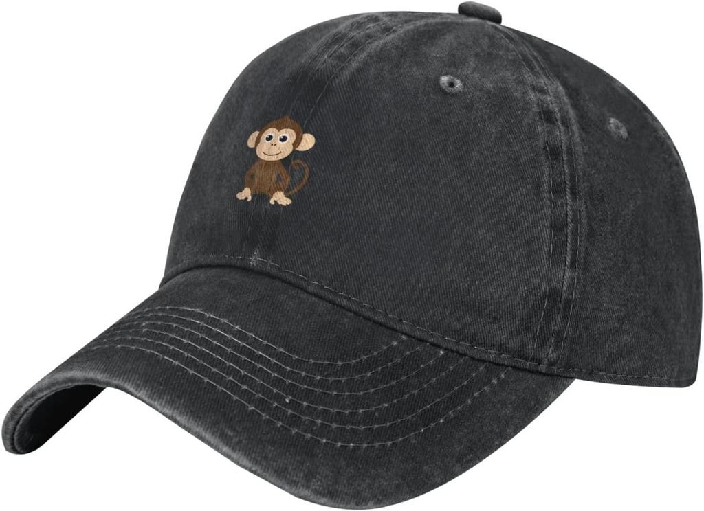 Black Naughty Little Monkey Printed Washed Cowboy Baseball Cap for Adults Stylish and Breathable Hat